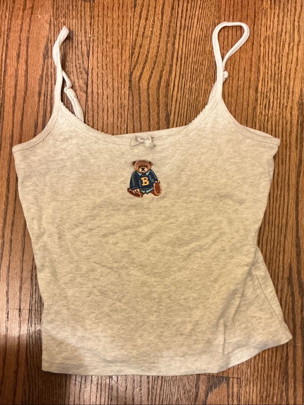 Light Gray Teddy Bear Embroidered Knit Cami Tank